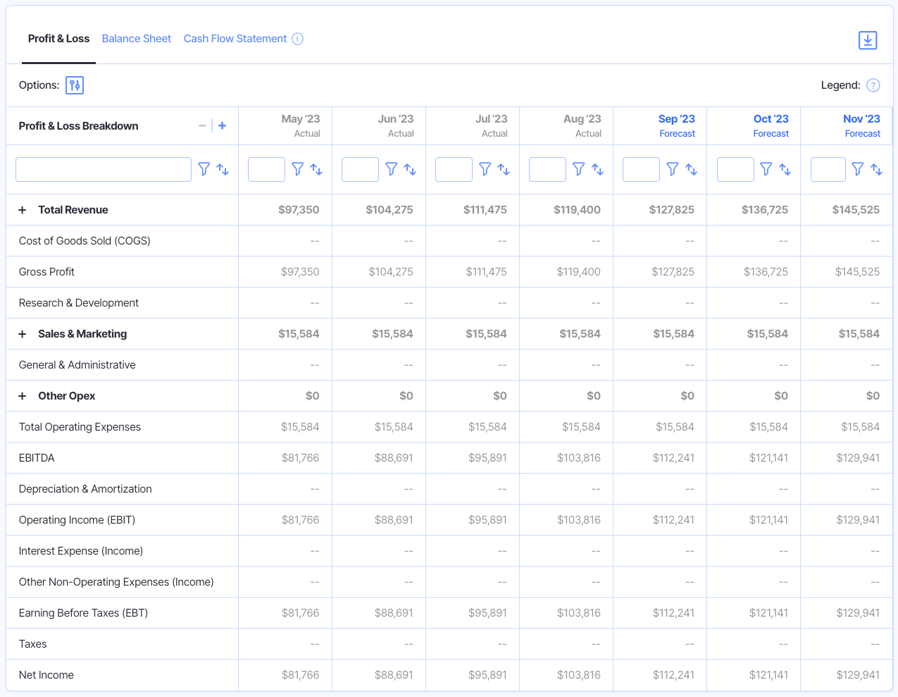 profit and loss statement example